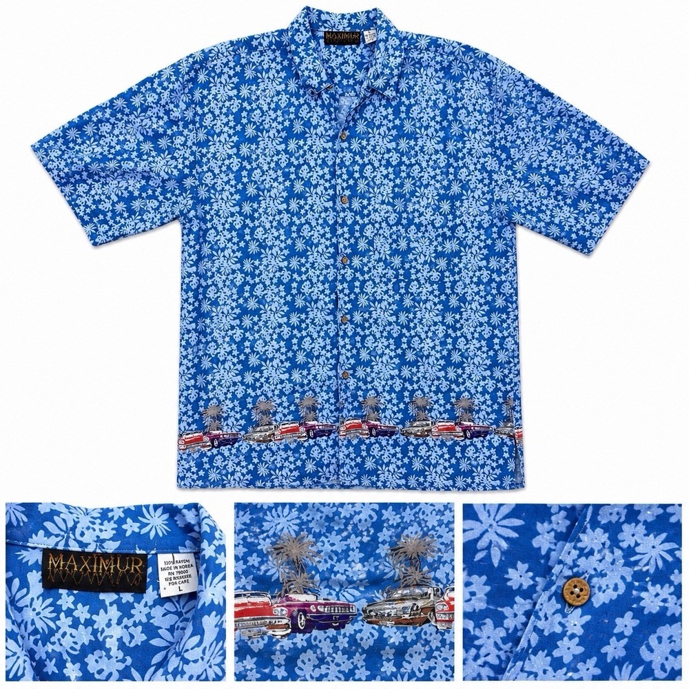 Maximus Hawaiian Shirt Mens L Blue Vintage Car Border Camp Collar Aloha Rayon